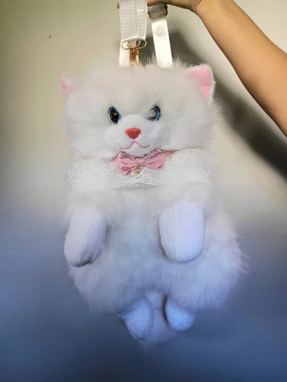 Realistic Cat Plush Backpack in Pink & White